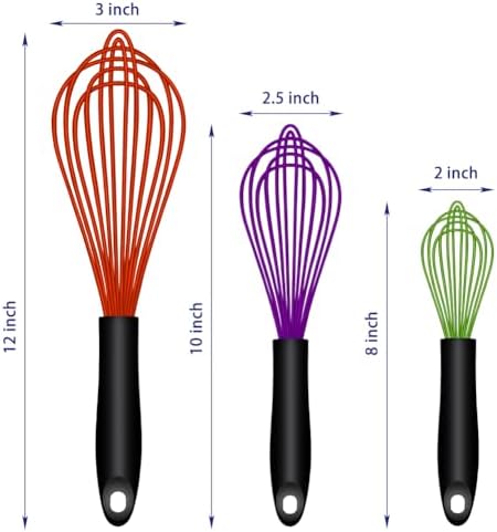 OYV Silicone Whisk Set of 3, 8/10/12 Inch, Dishwasher Safe,Red/Purple/Green