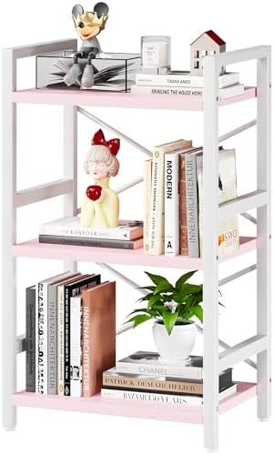 Homeiju Pink Bookshelf, 3 Tier Industrial Bookcase, Metal Small Bookcase, Rustic Etagere Book Shelf Storage Organizer for Living Room, Bedroom, and Home Office(Pink) Patent Pending D29873033