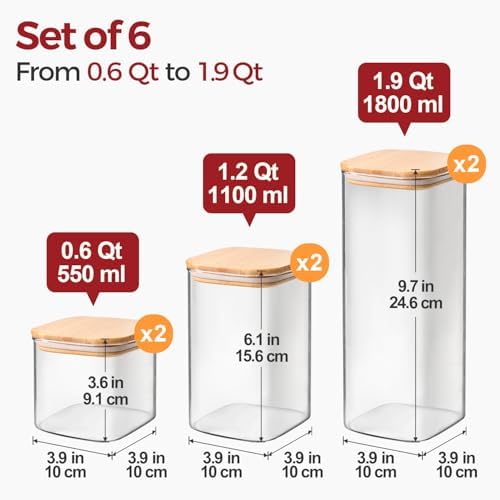 Glass Pantry Storage Containers with Lids 0.6/1.2/1.9 Qt 6 Pack