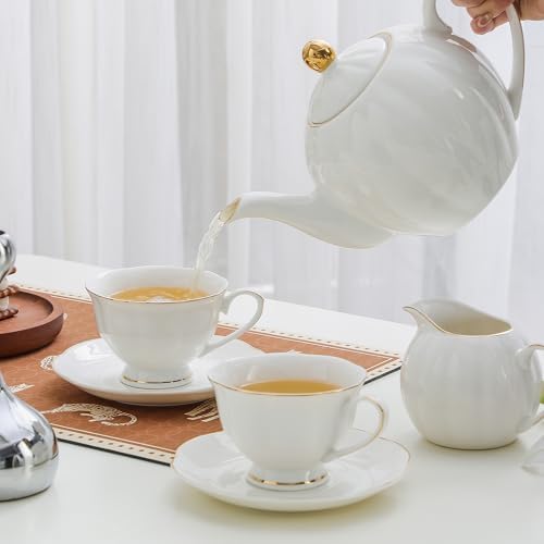 6oz Porcelain Tea Cup & Saucer Set of 6, White with Gold, Party