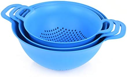 Mintra Home Plastic Strainer Colanders Set: 3, 3.5 and 5 Quart (Blue) Double Strong Handles and Deep Bowl, Safe BPA-Free - Use for Pasta, Noodles, Spaghetti, Vegetables (Assorted Sizes 3pk)