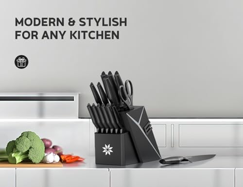 ASETY Kitchen Knife Set, 15 PCS Knife Block Set, Dishwasher Safe, Black
