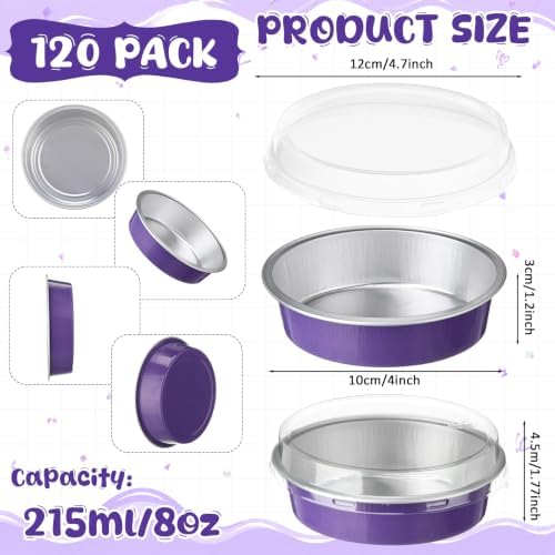 Yinder 120 Pcs 8 oz Disposable Creme Brulee Ramekins with Lids, 4 Inch Mini Pie Tins Aluminum Foil Pie Tart Cake Baking Pans Individual Round Containers Oven Safe(Purple)