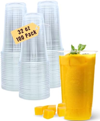 Aatriet 100 Pack 32 oz Clear Plastic Cups, 32oz Disposable Iced Cold Coffee Cups, Sturdy Recylable Drinking Cup for Milkshake, Smoothie, Cocktail, Cold Drinks, Large Tumblers Wine Glasses for Wedding