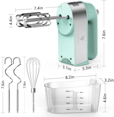 Hand Mixer Electric, 450W Kitchen Mixers with Scale Cup Storage Case, Turbo Boost/Self-Control Speed + 5 Speed + Eject Button + 5 Stainless Steel Accessories, For Easy Whipping Dough, Cream, Green