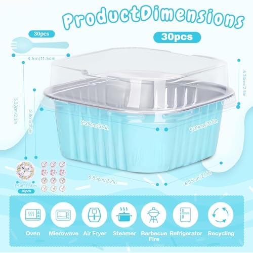 30Pack 5oz Blue Mini Cake Pans with Lids and Spoons Baking Cups Aluminum Foil Pans Tins, Individual Dessert Cups Containers for Sales,Party,Picnics