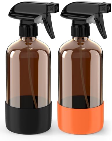 Bontip Glass Spray Bottle with Silicone Sleeve Protection, Amber Glass Spray Bottle Set for Window Cleaner Aromatherapy Facial Hydration Watering Flowers Hair Care 2 Pack/16 oz (Black & Orange, 16 oz)