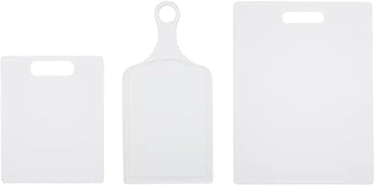 Farberware 3-Piece Plastic Cutting Board Set, Dishwasher-Safe Poly Chopping Board for Kitchen with Paddle, Charcuterie Board Set, White