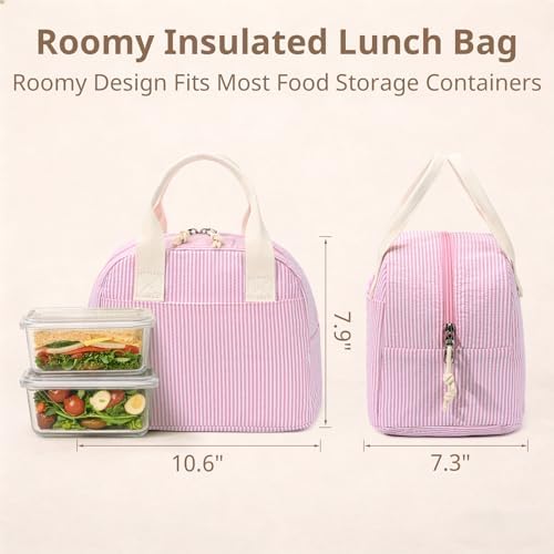 LOVELYWIND Lunch Box for Women, Insulated Lunch Bag, Pink Stripe Tote