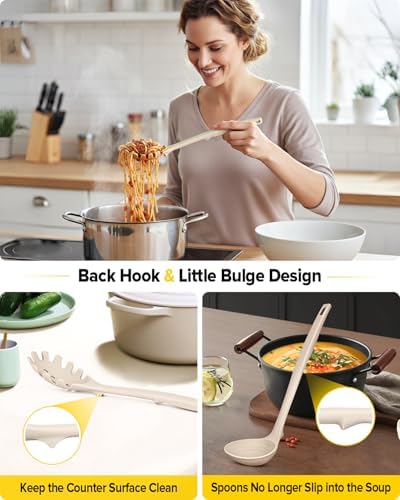 BUNDLEPRO Silicone Soup Ladle and Pasta Spoon Set, One-Piece, 2 Pack, Khaki