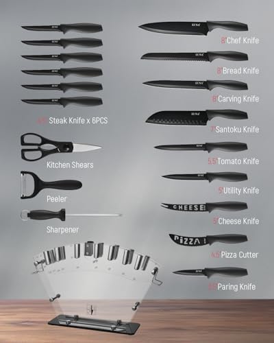 EUNA Kitchen Knife Set, 19 PCS Black Knife Set with Acrylic Block and Sharpener, German High-Carbon Stainless Steel Knife Sets with 6 Serrated Steak Knives, Bread Knife, Chef Knife, Dishwasher Safe
