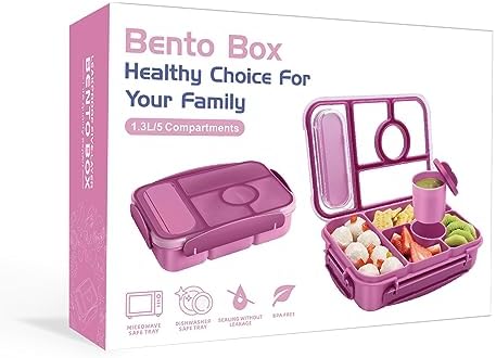 Amathley Bento Box Adult Lunch Box Kids,Lunch Containers for Adults/Kids/Toddler,5 Compartments Bento Lunch Box with Sauce Vontainers,Microwave & Dishwasher & Freezer Safe,BPA-Free (Purple)