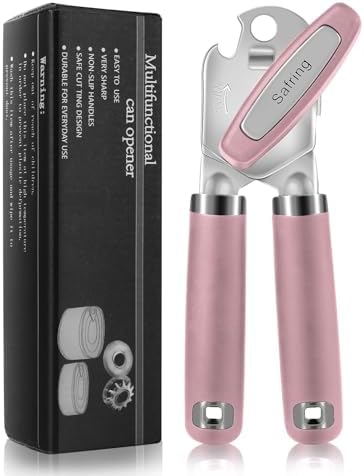 Safring Can Opener Manual, Heavy Duty Handheld Strong Can Opener with Soft Touch Handle, Sharp Blade Smooth Edge, Can Openers with Multifunctional Bottle Opener, Pink