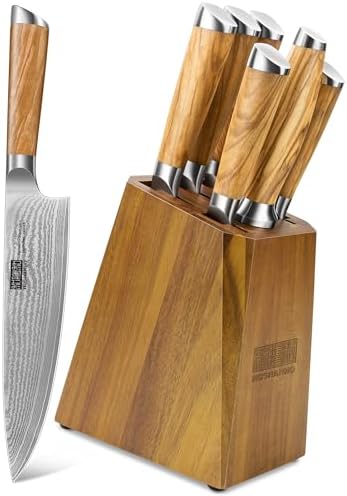 HOSHANHO Damascus Knife Block Set 7PCS, Sharp Kitchen Knives with Sharpener