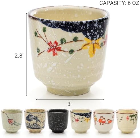 6 Pieces Japanese Tea Cups, 6 Oz Ceramic Coffee Cup with Good Heat Retention, No Handle Teacup Matcha Mug for Latte, Juice, Gift, Dishwasher Safe (Pack of 4)