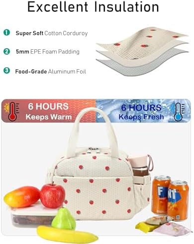 Lunch Box Lunch Bag Insulated Lunchbox Cute Reusable Lunch Tote bags for School Work Picnic for Kids Girls Women (Beige Strawberry)
