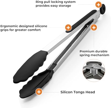 Stainless Steel&Silicone Food Tongs Set of 2 (9+12 Inch)-BPA-Free&Non-Toxic Heat Resistant Non-Scratch BBQ&Cooking Tools,Strong Grip Locking for Grilling,Air Fryer,Salad,Dishwasher Safe