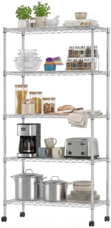 BestOffice | 5-Tier Wire Shelf with Wheels | 14" x 30" x 60" | Chrome