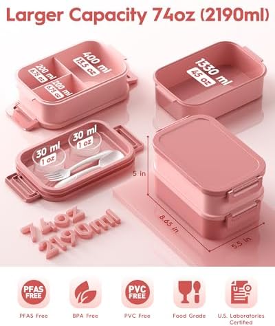 Adults Bento Box with Insulated Lunch Bag, 74oz Capacity 3 Stackable Leak-Proof Bento Box Built-In Utensil and Sauce, PFAS & BPA-Free, Microwave & Dishwasher Safe (Rose Pink)