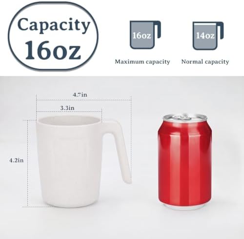Wrova Wheat Straw Cups with Handles 16oz -Plastic Cups Reusable Set of 6-Unbreakable Coffee Mugs- Microwave & Dishwasher Safe Mug-Ideal Plastic Mugs for Tea,Coffee,Camping,RV-White
