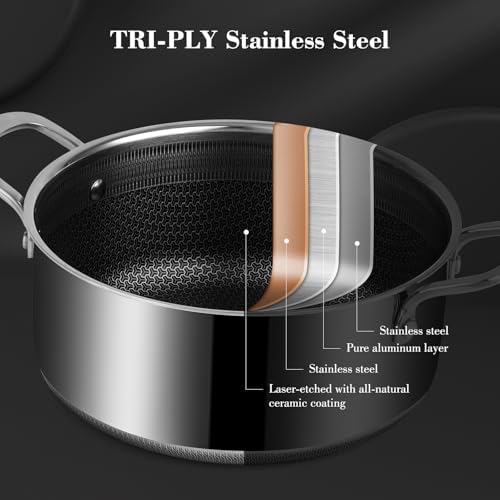 Hybrid Nonstick 5.2 QT Stock Pot with Tempered Glass Lid, Stay-Cool Handles, Dishwasher & Oven-Safe Up to 500°F, Non-toxic PFOA Free Induction Ready, Compatible with All Cooktops