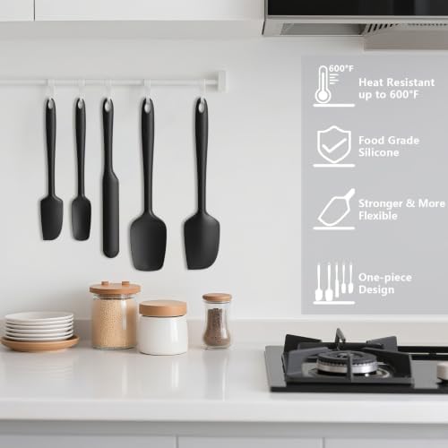 Coukre Silicone Spatula Set of 5,High Temperature Resistant, Food Grade Silicone, Dishwasher Safe, for Baking, Cooking (Pure Black)