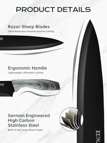 EUNA Knife Block Set, 19 PCS Kitchen Knife Set with Acrylic Block and Sharpener, German High-Carbon Stainless Steel Knife Sets with 6 Serrated Steak Knives, Bread Knife, Chef Knife, Dishwasher Safe