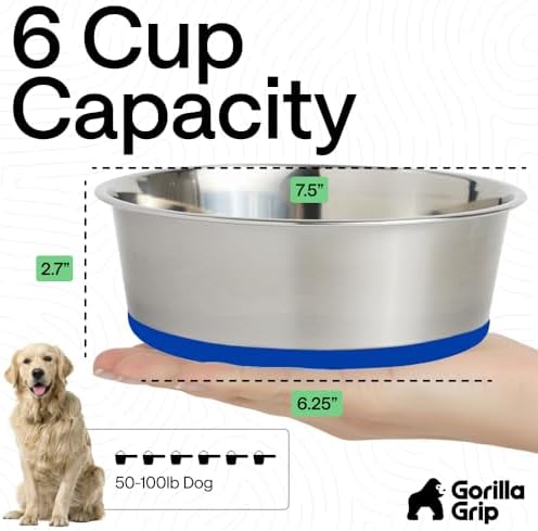 GORILLA GRIP Dog Bowls, Food Grade Stainless Steel, Set of 2, 6 Cup, Blue