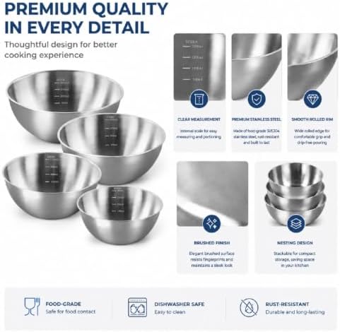 Stainless Steel Mixing Bowls Set of 4 - 9.84", 8.66" , 7.5" & 6" Metal Mixing Bowls, 3.3 Qt, 2 Qt, 1.5 Qt & 1Qt Stainless Steel Salad Bowls, 304 Stainless Steel Bowl for Kitchen, Baking, and Meal Prep
