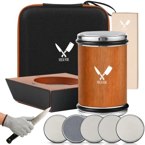 Premium Rolling Knife Sharpener Kit, 4 Angle - 400/1000/3000 Diamond & Ceramic Discs, 2 Extra Replacement Discs, Leather Strop, Anti-Cut Gloves & Carry Case, Knife Sharpening Kit for All Knives