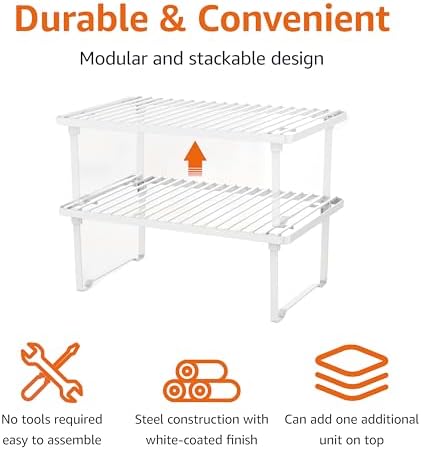 Amazon Basics Space-Saving Stackable Metal Kitchen Cabinet Organizer Shelves for Dishes, Pantry Organization, 12.5" L x 8" D x 4.5" H, Set of 2, White
