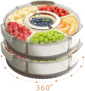 Divided Serving Tray with Lid and Handle, Stackable Snackle Box Container for Fruits Candy Organizer, Portable Spinning Rounded Veggie Tray for Kitchen, Party, Trave and Picnic-2 PACK