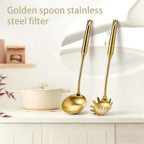 Gold Soup Ladle & Spaghetti Spoon Set, 18/10 Stainless Steel