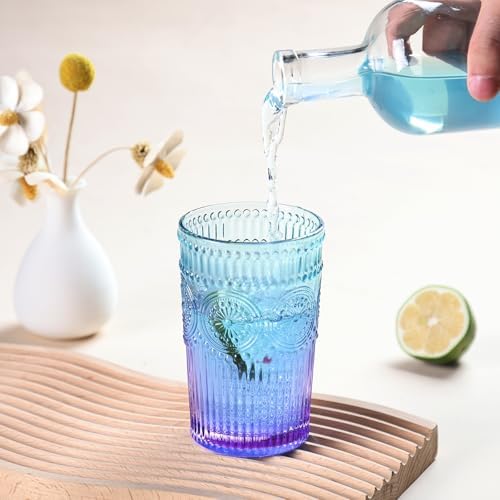 Loivttvv 6pcs Vintage Drinking Glasses Set, 12 oz Glass Cups, Embossed Ribbed Glassware Drinking Glasses for Cocktail, Water, Juice, Coffee, Whiskey