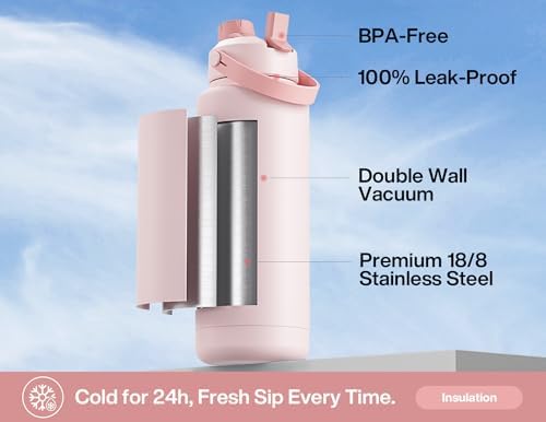 POWCAN 40 oz Insulated Water Bottle with 2-in-1 Straw and Spout Lid, Keep Cold 24H, Leak-Proof, BPA-Free, Double Wall Stainless Steel Water Bottle for Sports, Gym, Travel, and School (Berry Daydream)