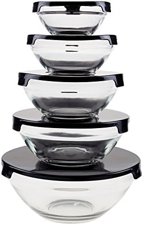 Glass Mixing Bowls with Lids Set - 10-Piece-Set with Multiple Bowl Sizes for Kitchen Storage, Meal Prep, Mixing, and Serving (Black)