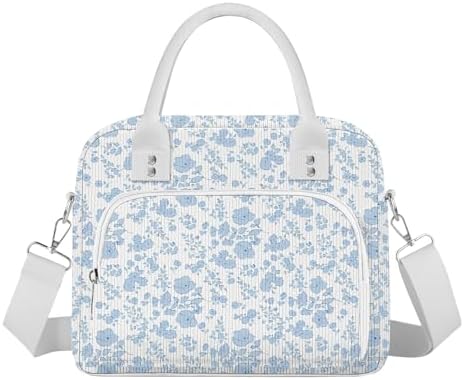 Lunch Bag Large Insulated Lunch Box for Women Men Adult Cute Blue Floral Lunchbox Corduroy Lunch Bags Boxes Pail with Shoulder Strap for Work Mom Picnic Office Travel 11.4×6.8×9.1 inches 11.5L