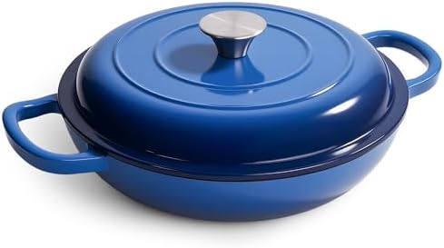3 Quart Enameled Cast Iron Braiser, Non Stick Enameled Cast Iron Skillet with Lid, Dutch Oven Skillet with lid up to 500°F for Oven, Stove, Grill, Shallow Dutch Oven for Cook, Bake (Blue)