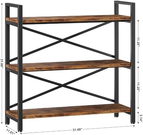 3 Tier Bookshelf 31.49" Width, Wood and Metal Etagere Bookcase, Vintage Farmhouse Modern Wooden Big Book Shelf for Home Living Room Bedroom Office Storage(Rustic Brown)