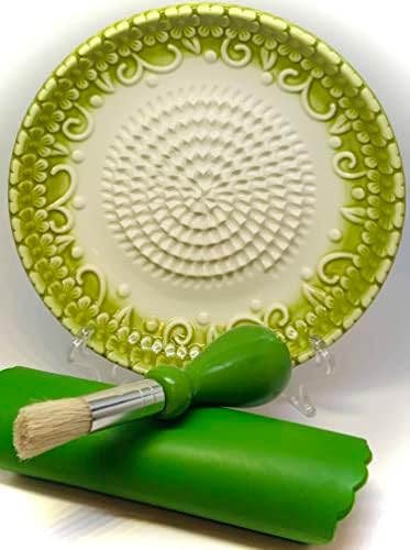 BonCera, Premium Ceramic Garlic Grater Plate Set - Green Embossed