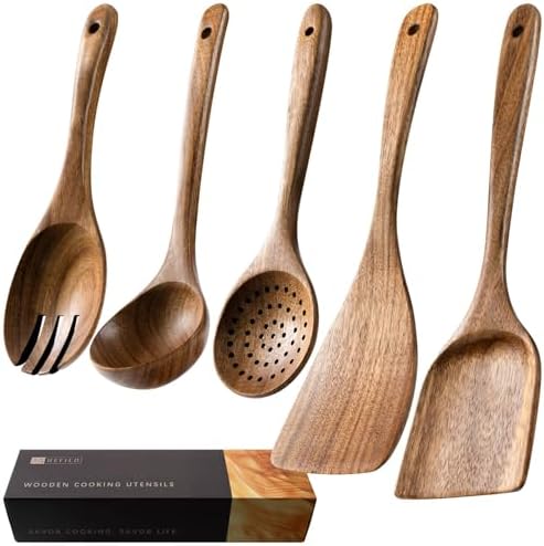 Wooden Spoons for Cooking, 5-Piece Acacia Wood Cooking Utensil Set