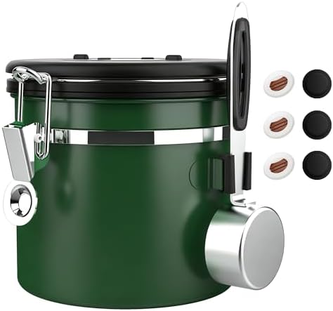 ShanSon Coffee Canister Airtight, Stainless Steel Bean Storage Container with Date Tracker & Scoop, Grounds Sugar Flour Tea Cereal Fits Kitchen Pantry, Ideal Gift for Coffee Lovers,12oz, Dark Green
