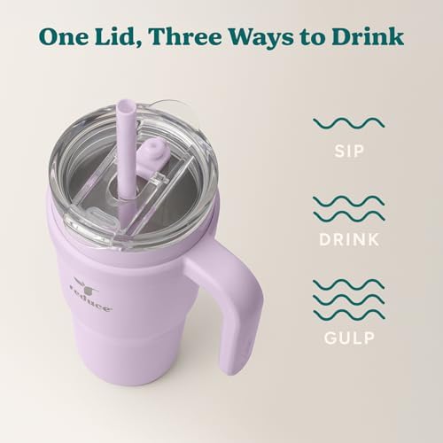 REDUCE 24 oz Stainless Steel Tumbler with Handle - Dual-Wall Vacuum Insulated Travel Mug, Sweat-Proof Lid & Reusable Straw - Keeps Drinks Cold for 24 Hrs, Fits Cupholders, Dishwasher Safe - Lilac Bud