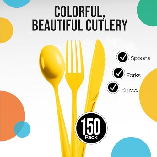 Party Solids Yellow Plastic Silverware 150 Pcs Yellow Cutlery Set