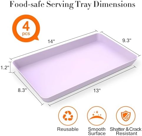 WOWBOX 4 pcs Serving Tray for Entertaining, Serving Platters for Snacks, Fruit, Cookies, Dessert, Reusable Plastic Trays for Serving Food and Pantry Organization in Kitchen & for Parties, (Purple)