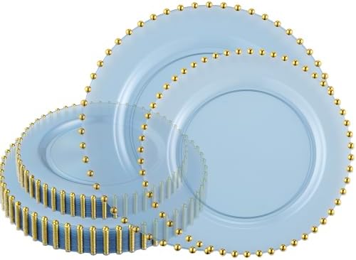 PLASTICPRO 64 Piece Combo Plastic Dinner Plates Disposable Plastic Fancy Heavy Duty Party Dishes 7 inch and 10 inch, Translucent Blue and Gold Beaded