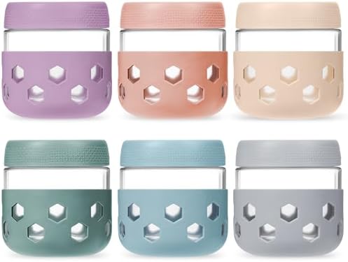 Gemice 6-Pack 10 oz Overnight Oats Containers with Lids and Silicone Sleeves, Glass Mason Jars with Airtight Lid, Dishwasher Safe, Wide Mouth Chia Seed Pudding Meal Prep Jar for Yogurt Berries Snack