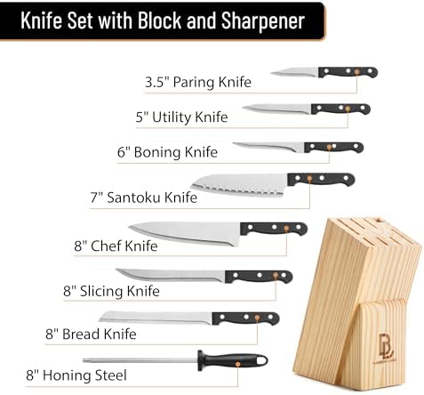 BAMBOO LAND- Kitchen Knife Set, 9 pcs, Stainless Steel Knife Set with Block and Sharpener, Kitchen Knives with Wooden Block