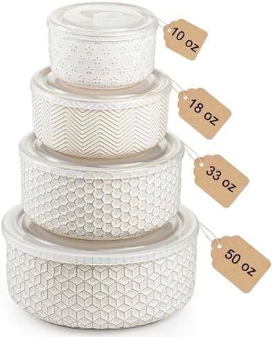 Serving Bowls with Lids, Ceramic Nesting Bowls Set of 4, Off-White