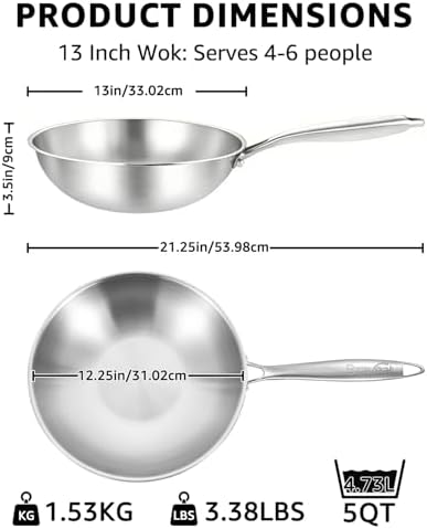 13 Inch Tri-Ply Stainless Steel Wok Pan, Uncoated Wok for Stir Fry
